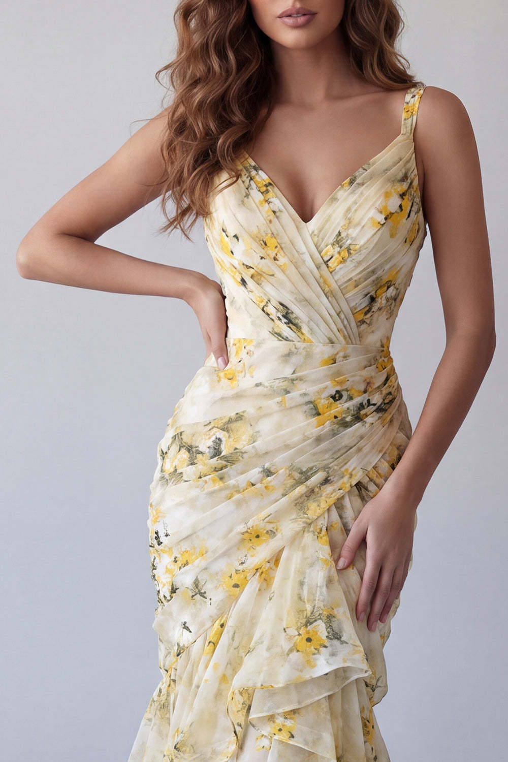 Light Yellow Floral Mermaid Ruffled Long Formal Dress