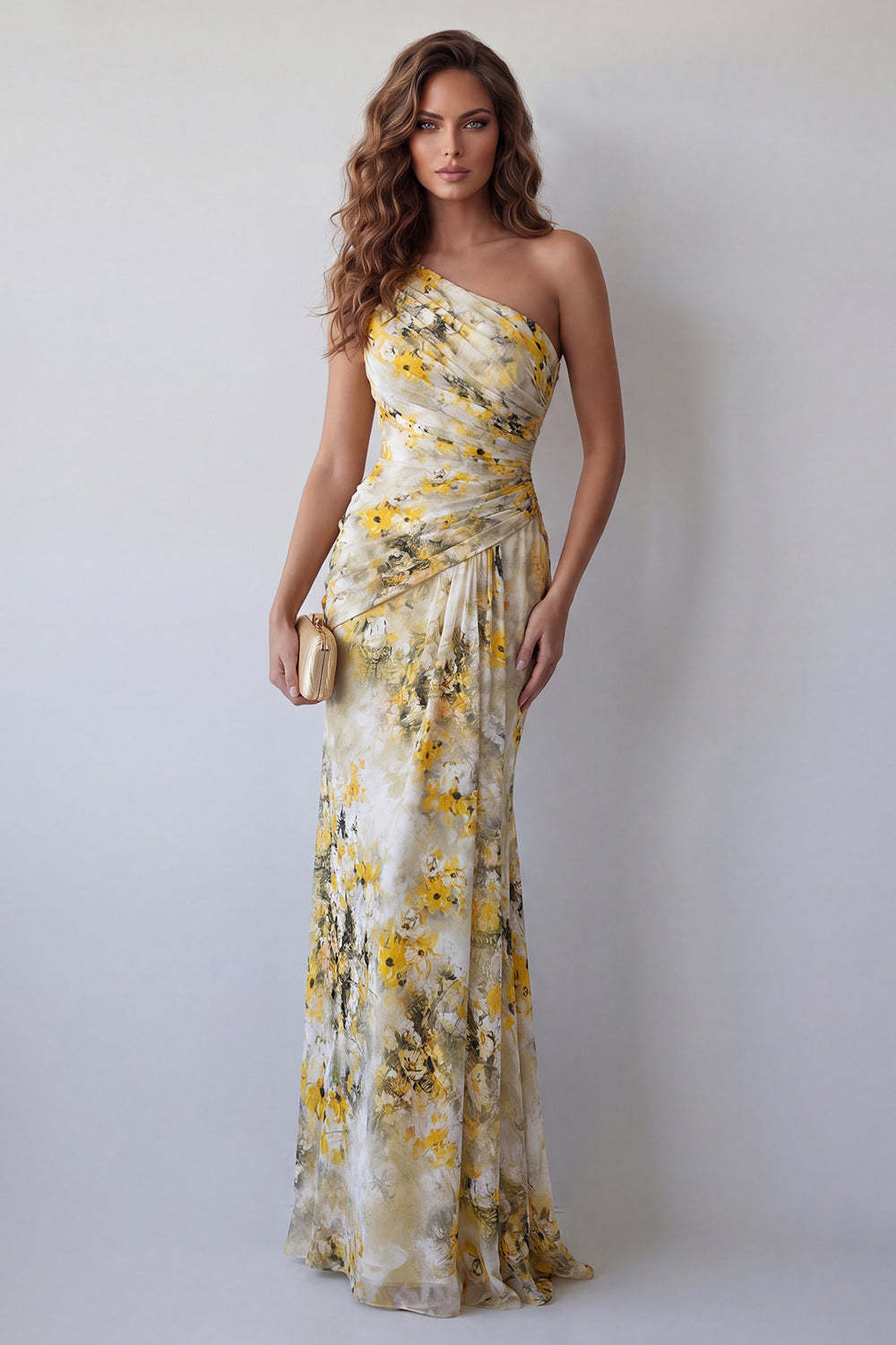 Leely Women Light Yellow Floral Ruched Backless Long Formal Dress One Shoulder Backless Wedding Guest Dress