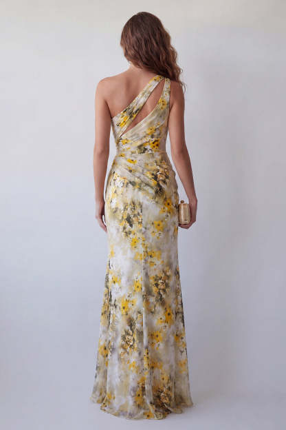 Light Yellow Floral Ruched Backless Long Formal Dress