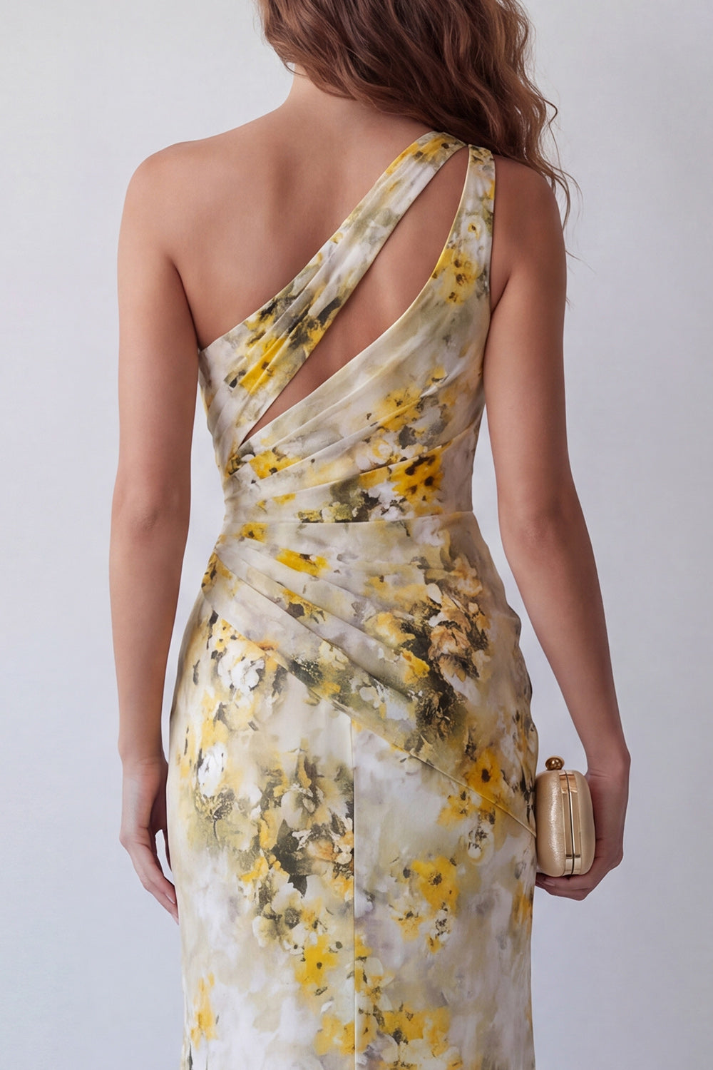 Light Yellow Floral Ruched Backless Long Formal Dress