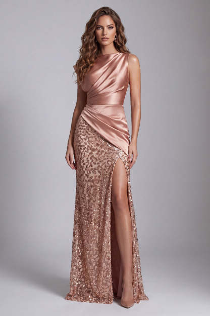 Leely Women Champagne Mermaid Satin Long Formal Dress with Slit Ruched Backless Sleeveless Wedding Guest Dress