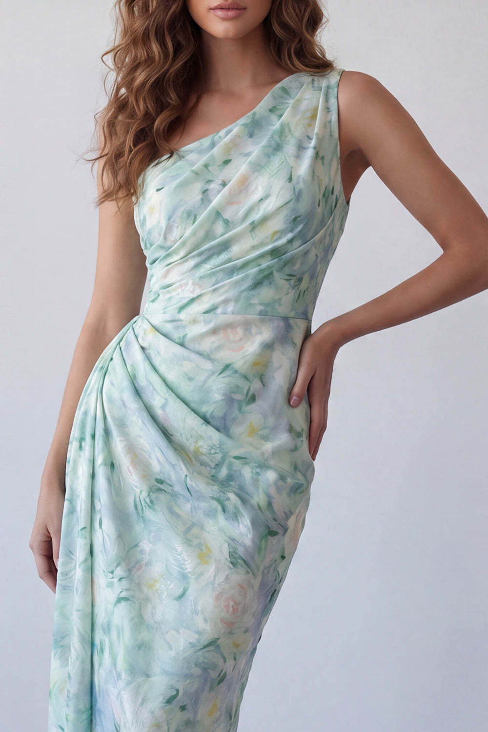 Light Green Sheath Floral Ruched Long Formal Dress
