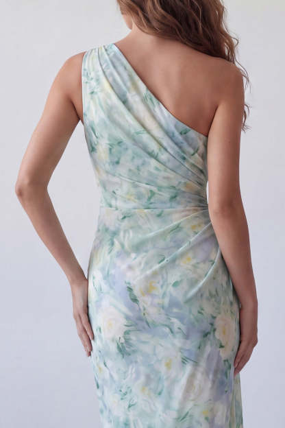 Light Green Sheath Floral Ruched Long Formal Dress