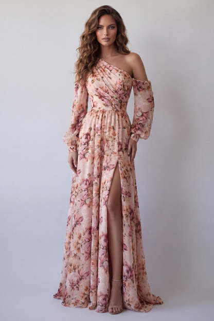 Leely Women Pink Floral A Line Ruched Long Formal Dress Backless Long Sleeves Garden Party Dress