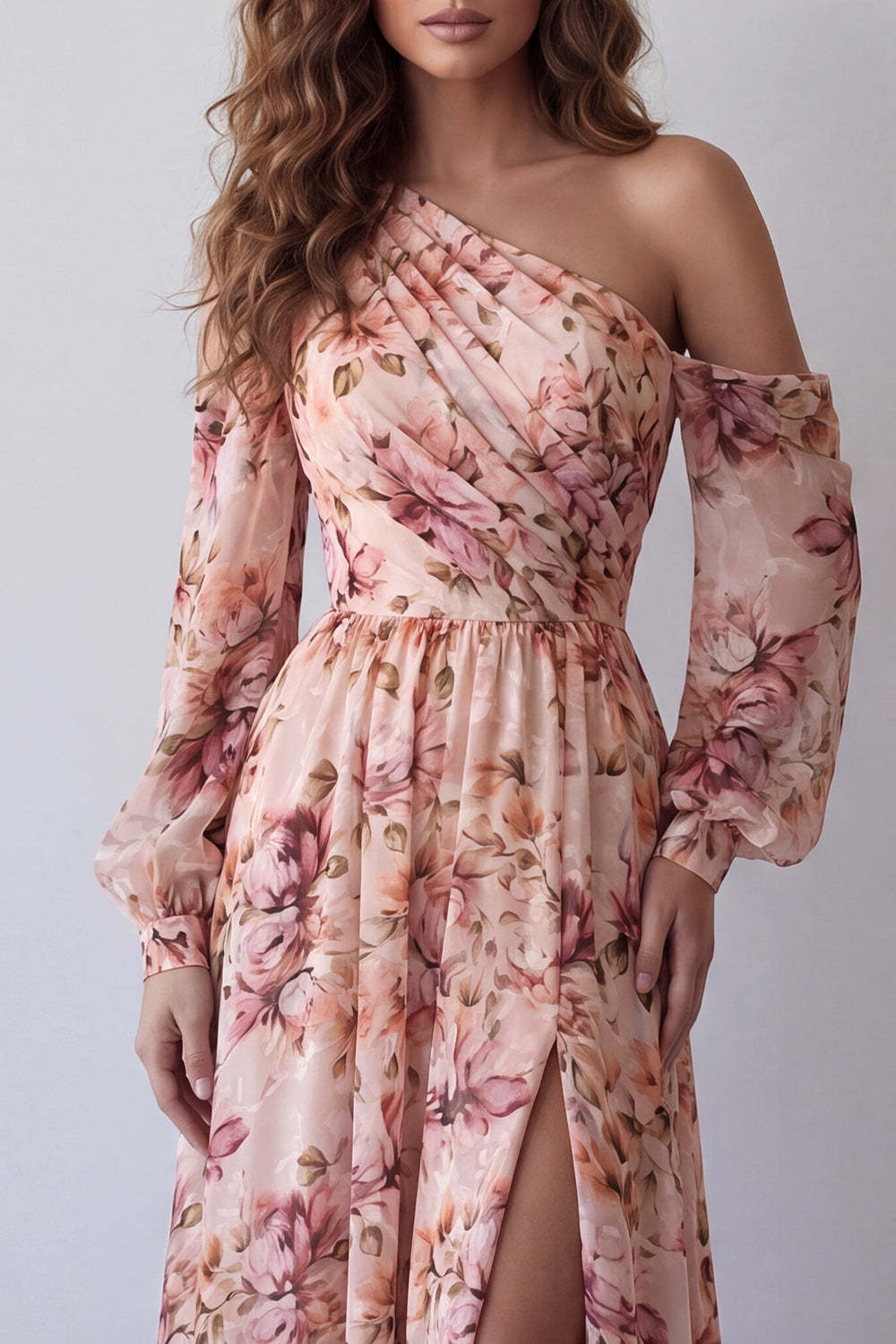 Pink Floral A Line Ruched Long Formal Dress