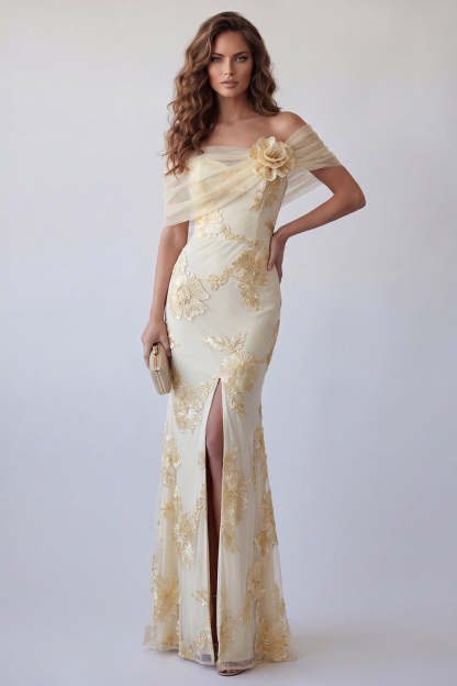 Leely Women Light Yellow Floral Embroidered Mermaid Long Formal Dress with Slit Off the Shoulder Backless Sleeveless Wedding Guest Dress