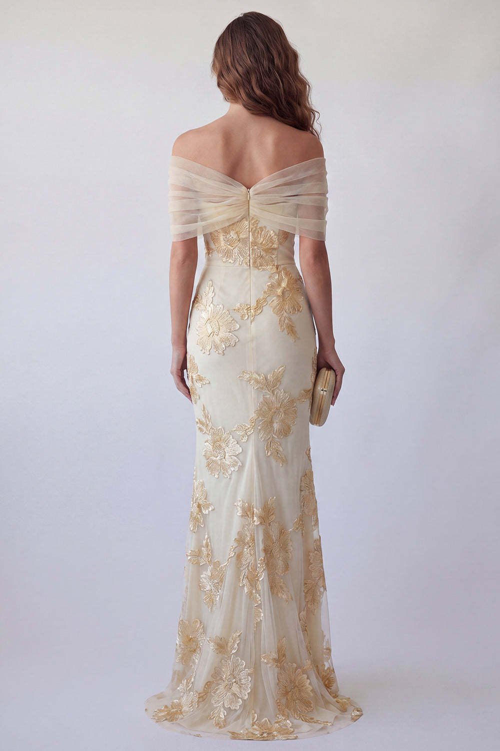 Light Yellow Floral Embroidered Mermaid Long Formal Dress with Slit