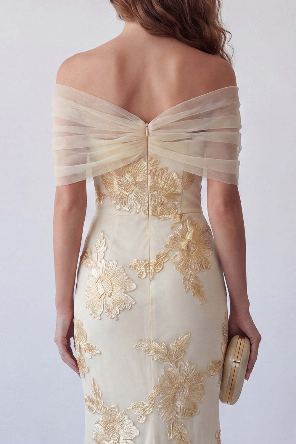 Light Yellow Floral Embroidered Mermaid Long Formal Dress with Slit