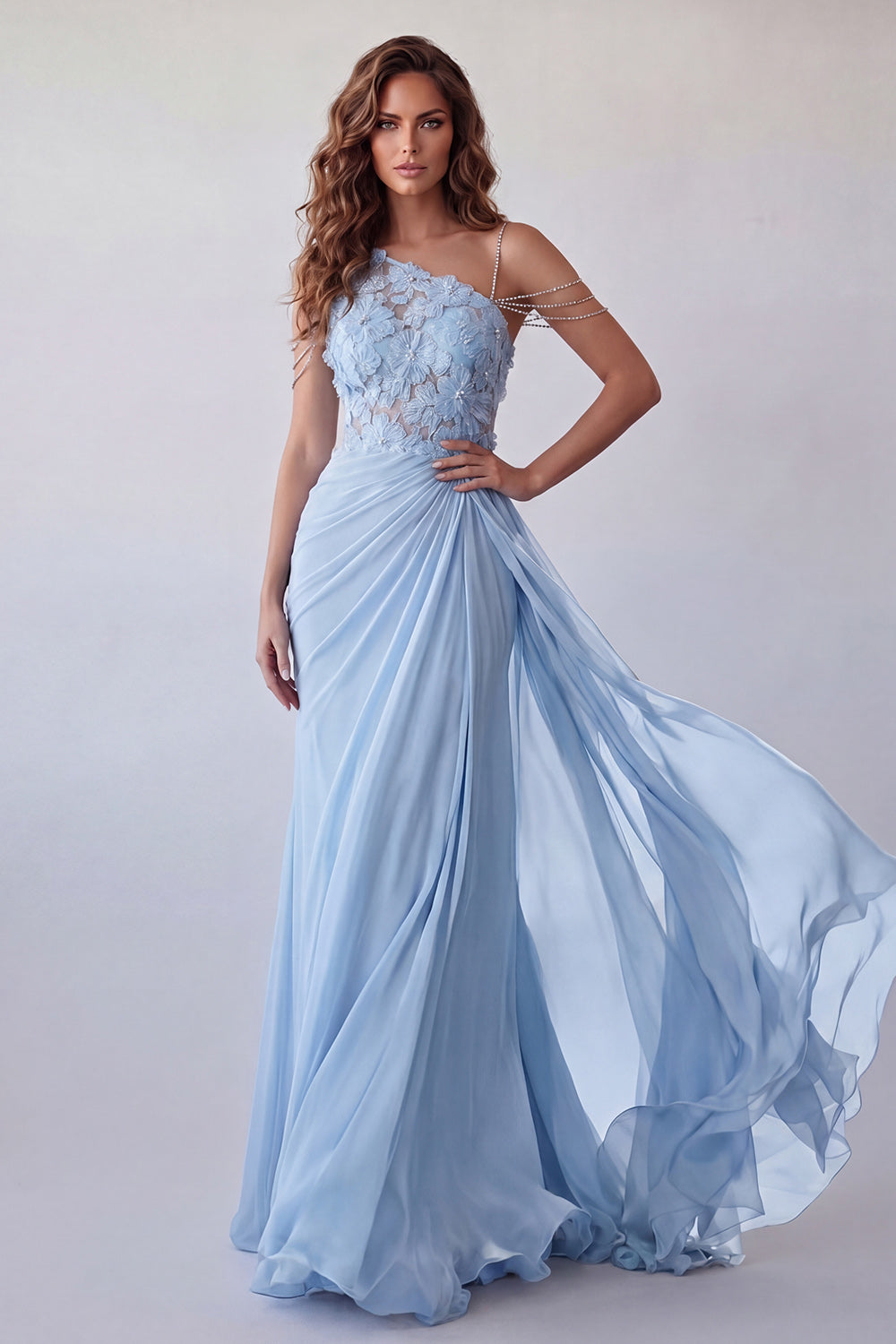 Leely Women Sky Blue Floral Appliqued Ruched Long Formal Dress One Shoulder Backless Wedding Guest Dress