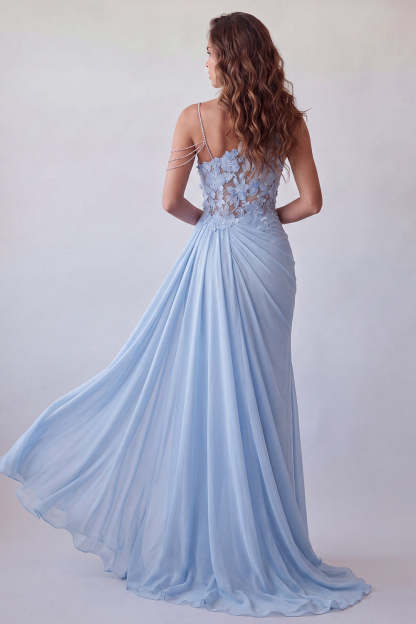 Sky Blue Floral Appliqued Ruched Long Formal Dress