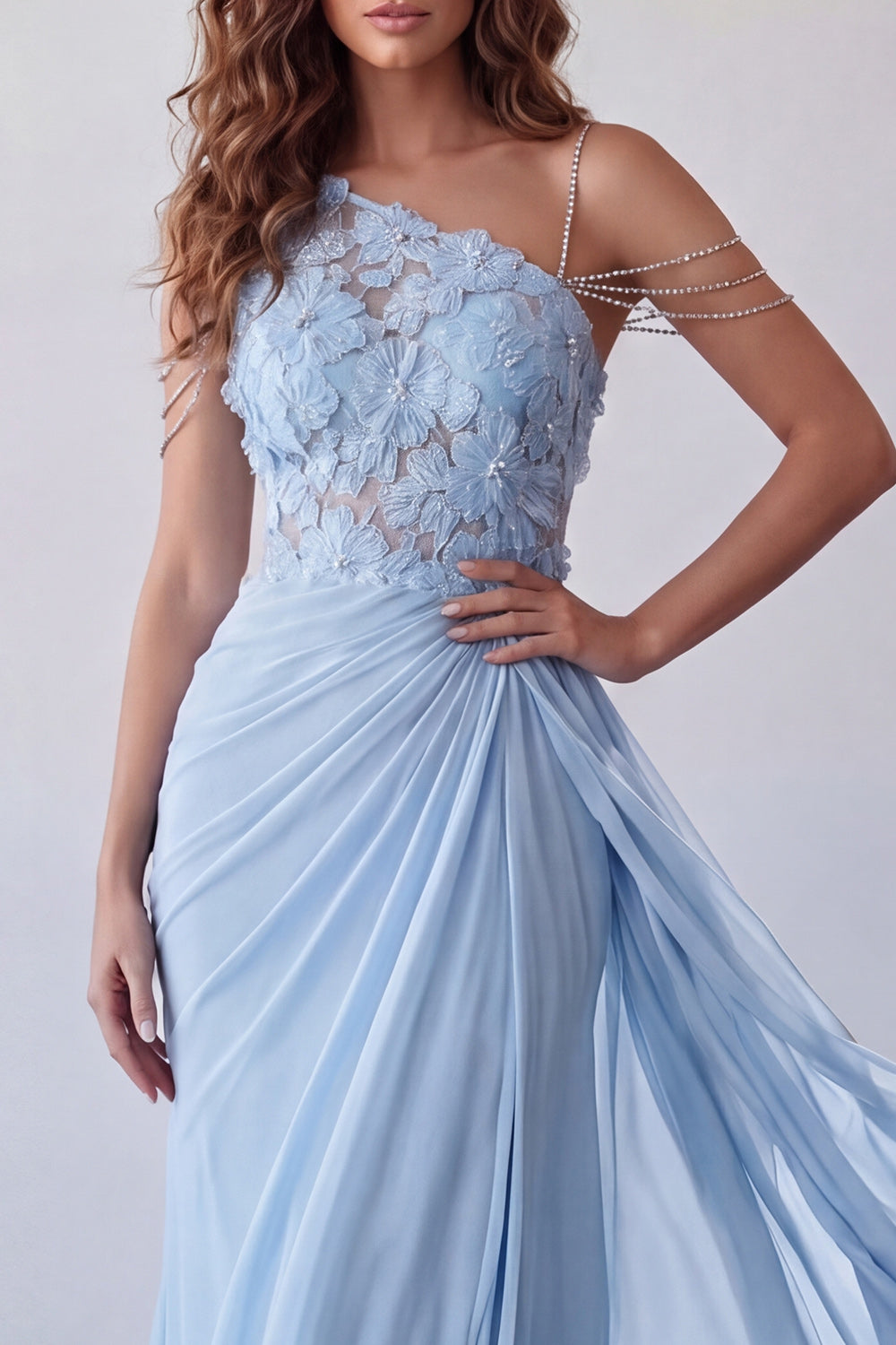 Sky Blue Floral Appliqued Ruched Long Formal Dress