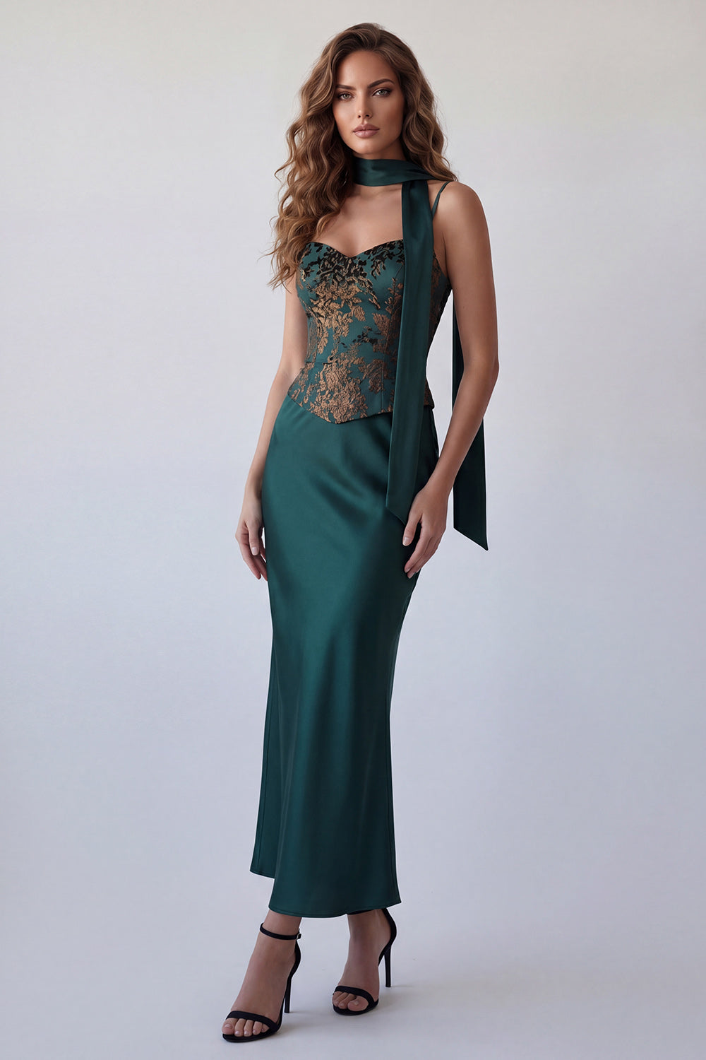 Leely Women Dark Green Floral Mermaid Long Formal Dress Spaghetti Straps Backless Sleeveless Wedding Guest Dress