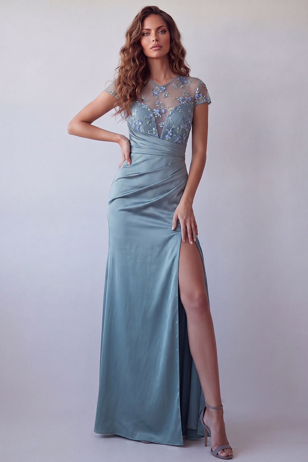 Leely Women Satin Grey Blue Floral Embroidered Long Formal Dress with Slit Illusion Neck Short Sleeves Wedding Guest Dress