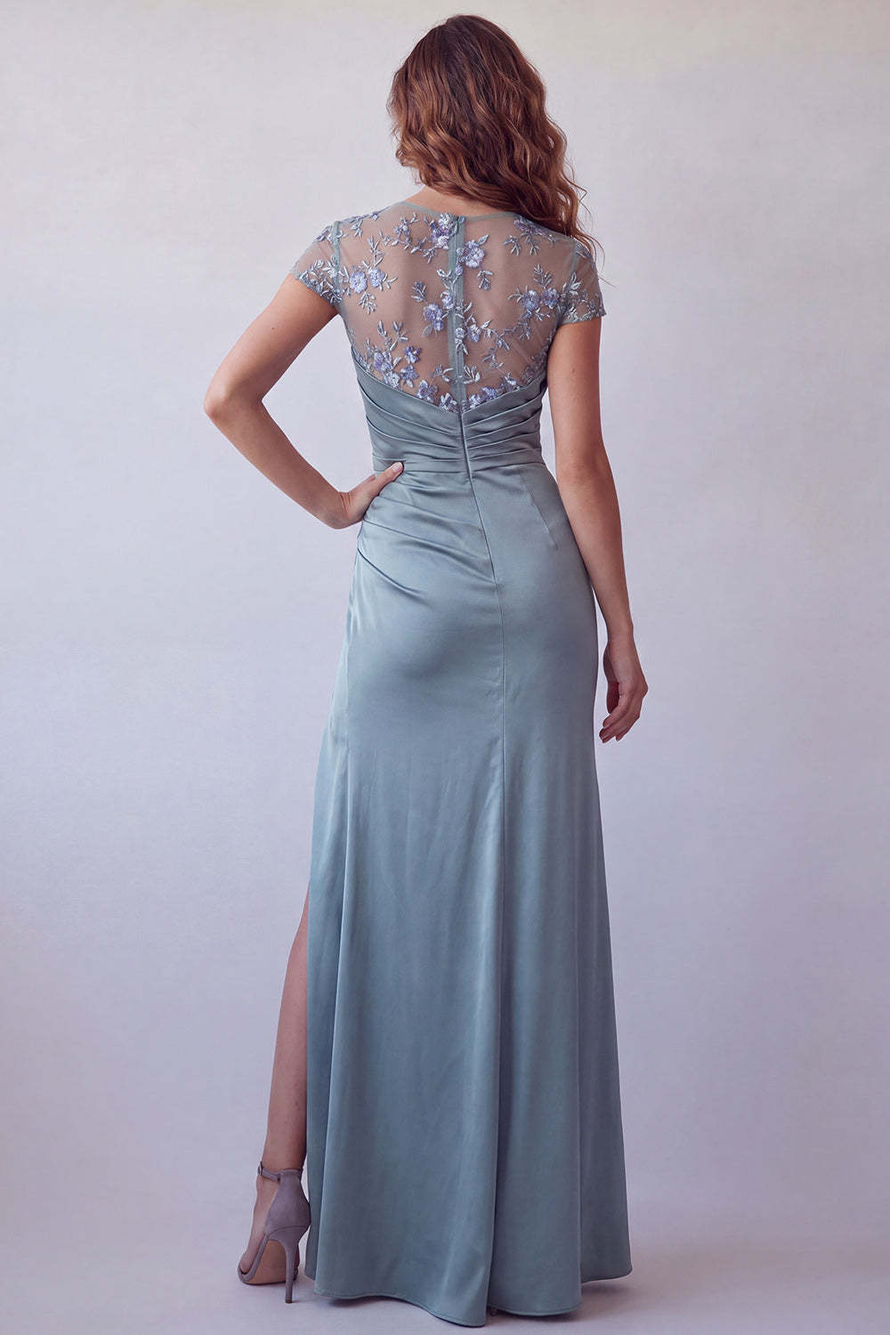 Satin Grey Blue Floral Embroidered Long Formal Dress with Slit