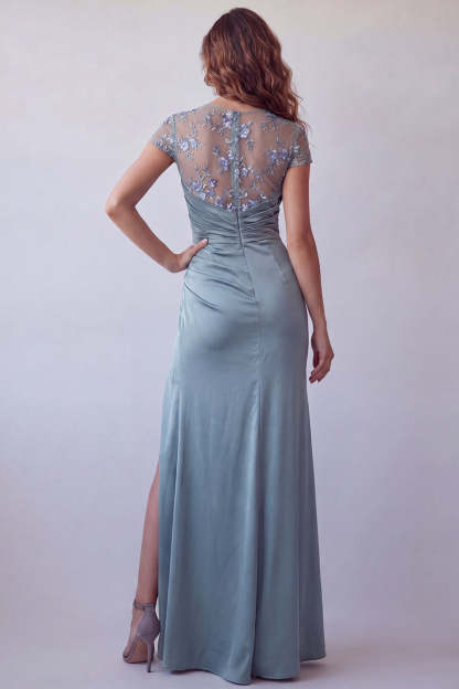 Satin Grey Blue Floral Embroidered Long Formal Dress with Slit