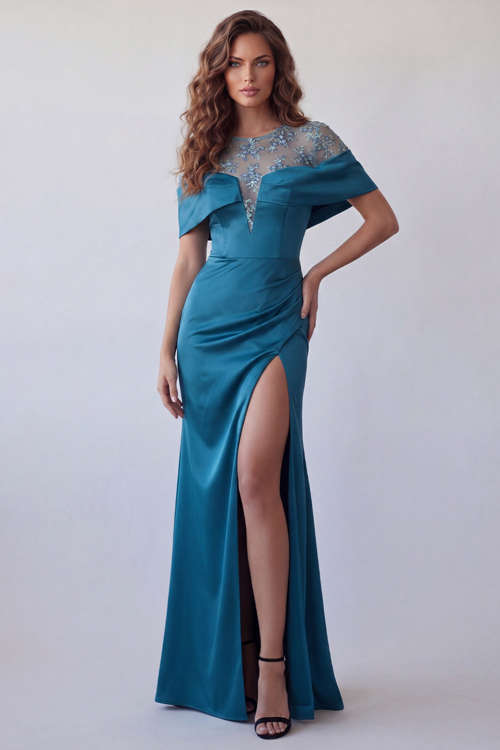 Leely Women Peacock Blue Mermaid Floral Appliqued Long Formal Dress with Slit Illusion Neck Short Sleeves Wedding Guest Dress