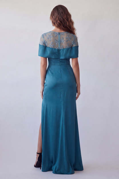 Peacock Blue Mermaid Floral Long Formal Dress with Slit