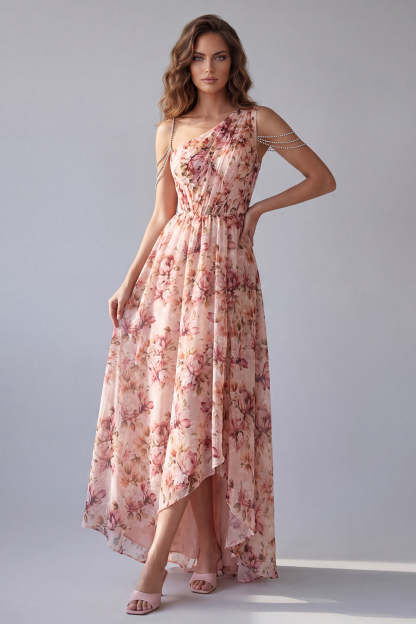 Leely Women Pink Floral A Line One Shoulder Backless High Low Formal Dress Ruched Sleeveless Garden Party Dress