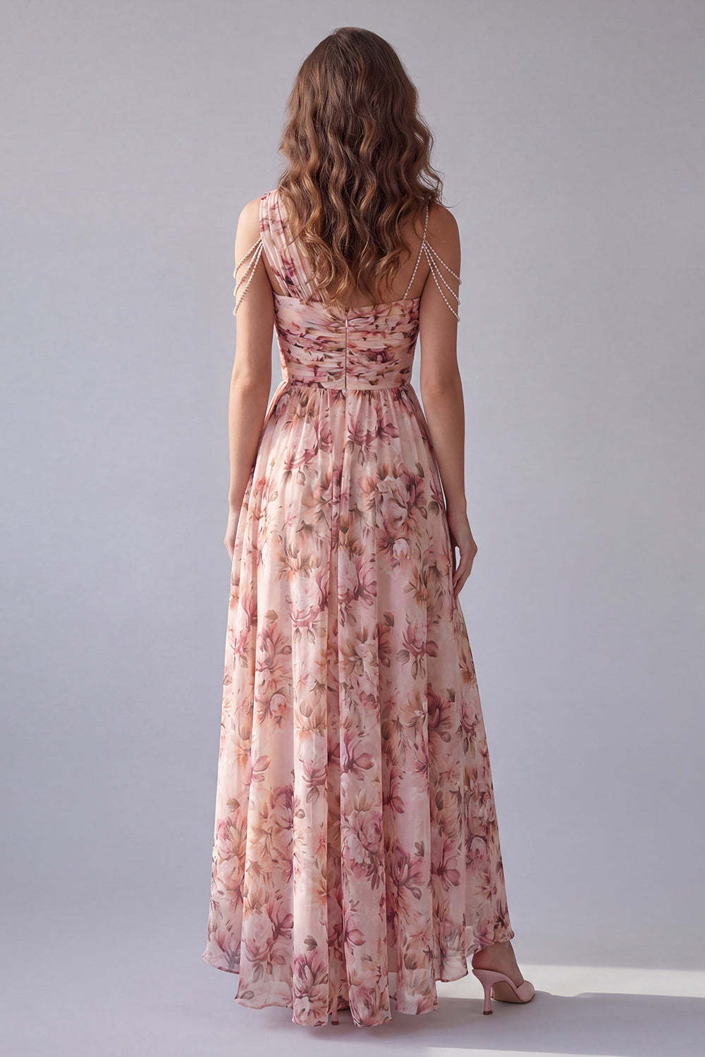 Pink Floral A Line One Shoulder Backless High Low Formal Dress