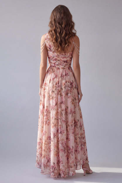 Pink Floral A Line One Shoulder Backless High Low Formal Dress