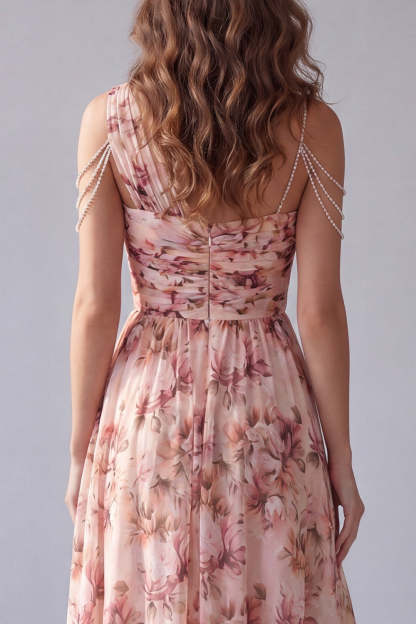 Pink Floral A Line One Shoulder Backless High Low Formal Dress