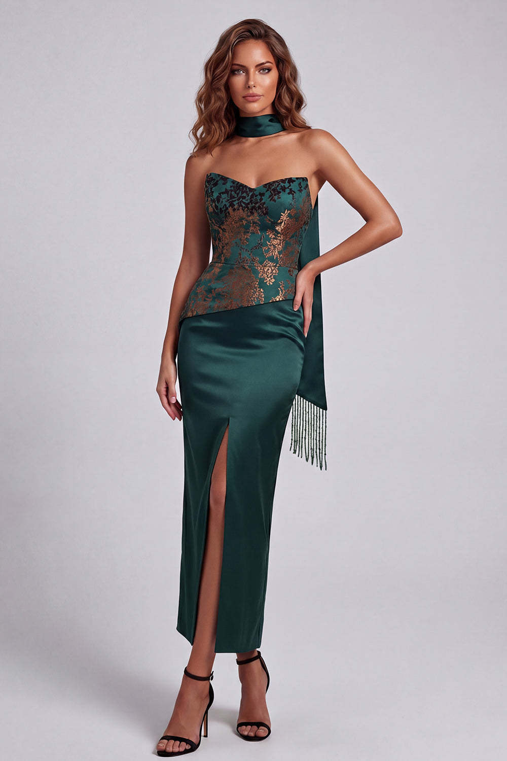 Leely Women Sweetheart Floral Dark Green Sheath Long Formal Dress with Slit Backless Sleeveless Wedding Guest Dress