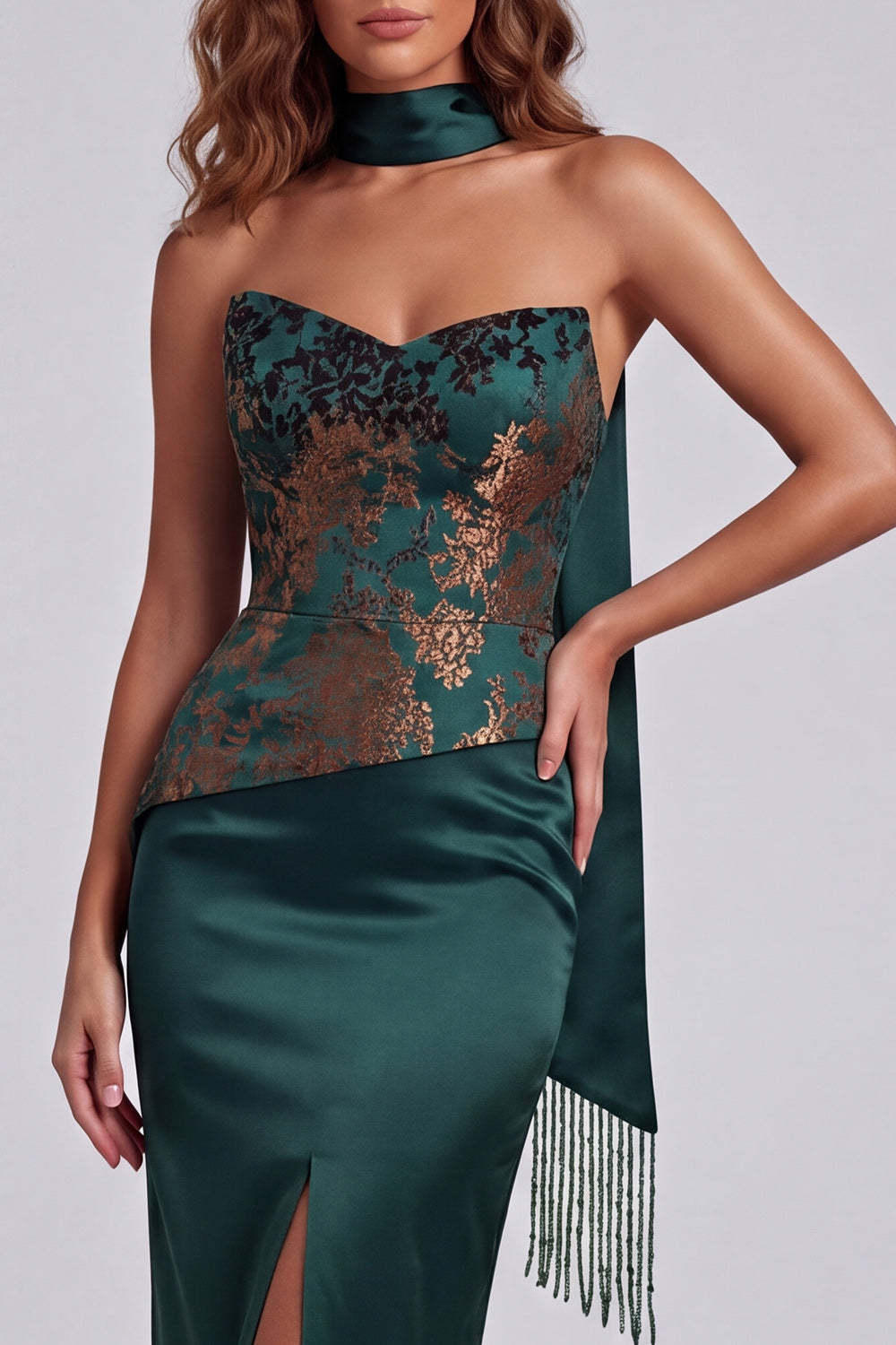 Sweetheart Floral Dark Green Sheath Long Formal Dress with Slit