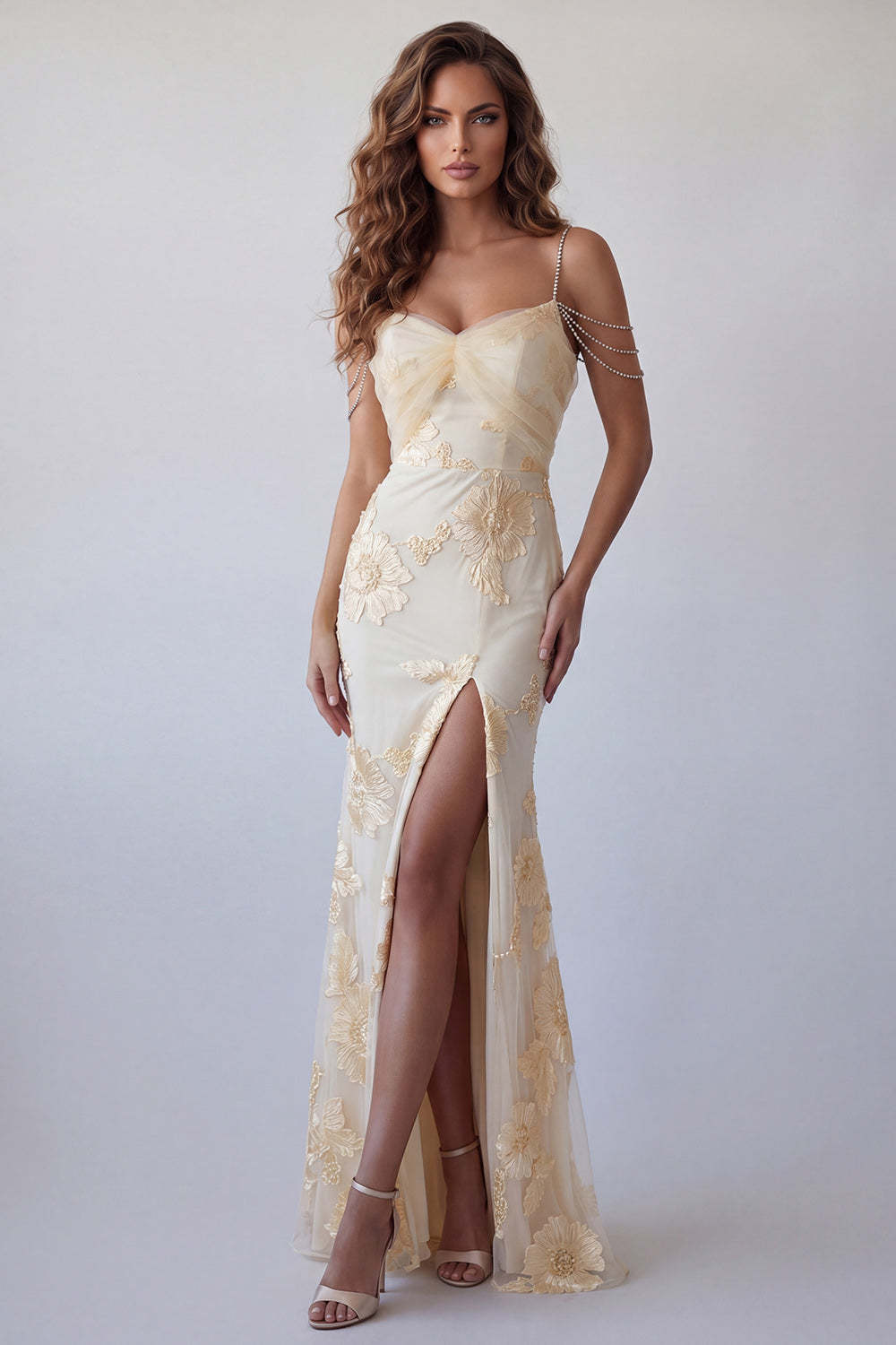 Leely Women Light Yellow Floral Embroidered Cold Shoulder Long Formal Dress with Slit Backless Sleeveless Mermaid Wedding Guest Dress