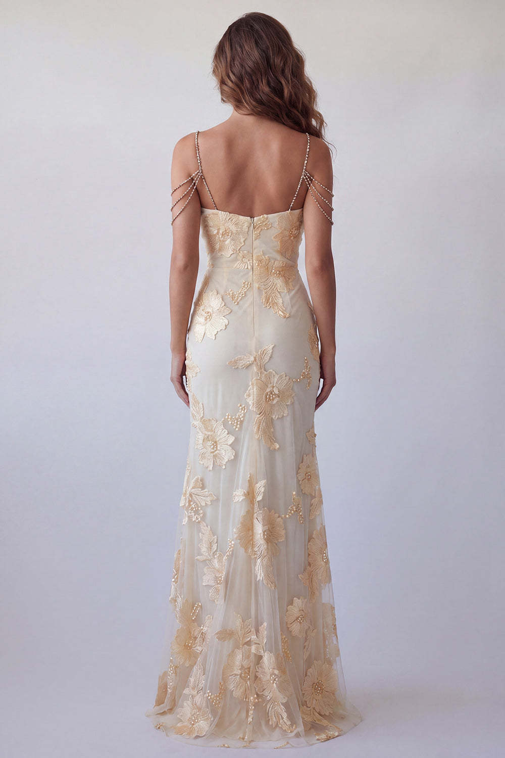 Light Yellow Floral Embroidered Cold Shoulder Long Formal Dress with Slit