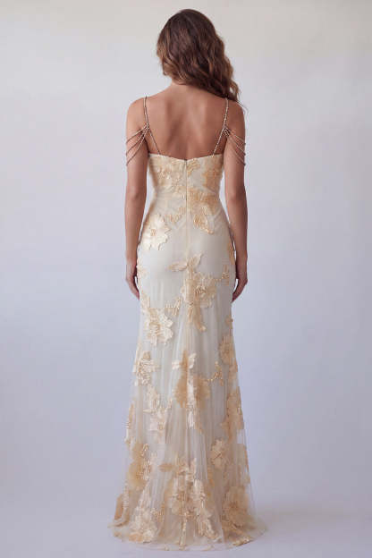 Light Yellow Floral Embroidered Cold Shoulder Long Formal Dress with Slit