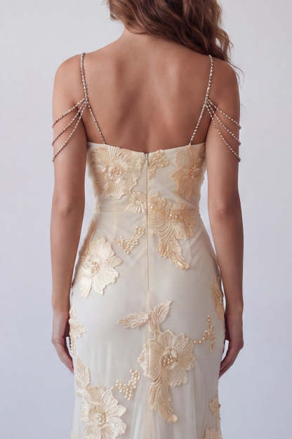 Light Yellow Floral Embroidered Cold Shoulder Long Formal Dress with Slit