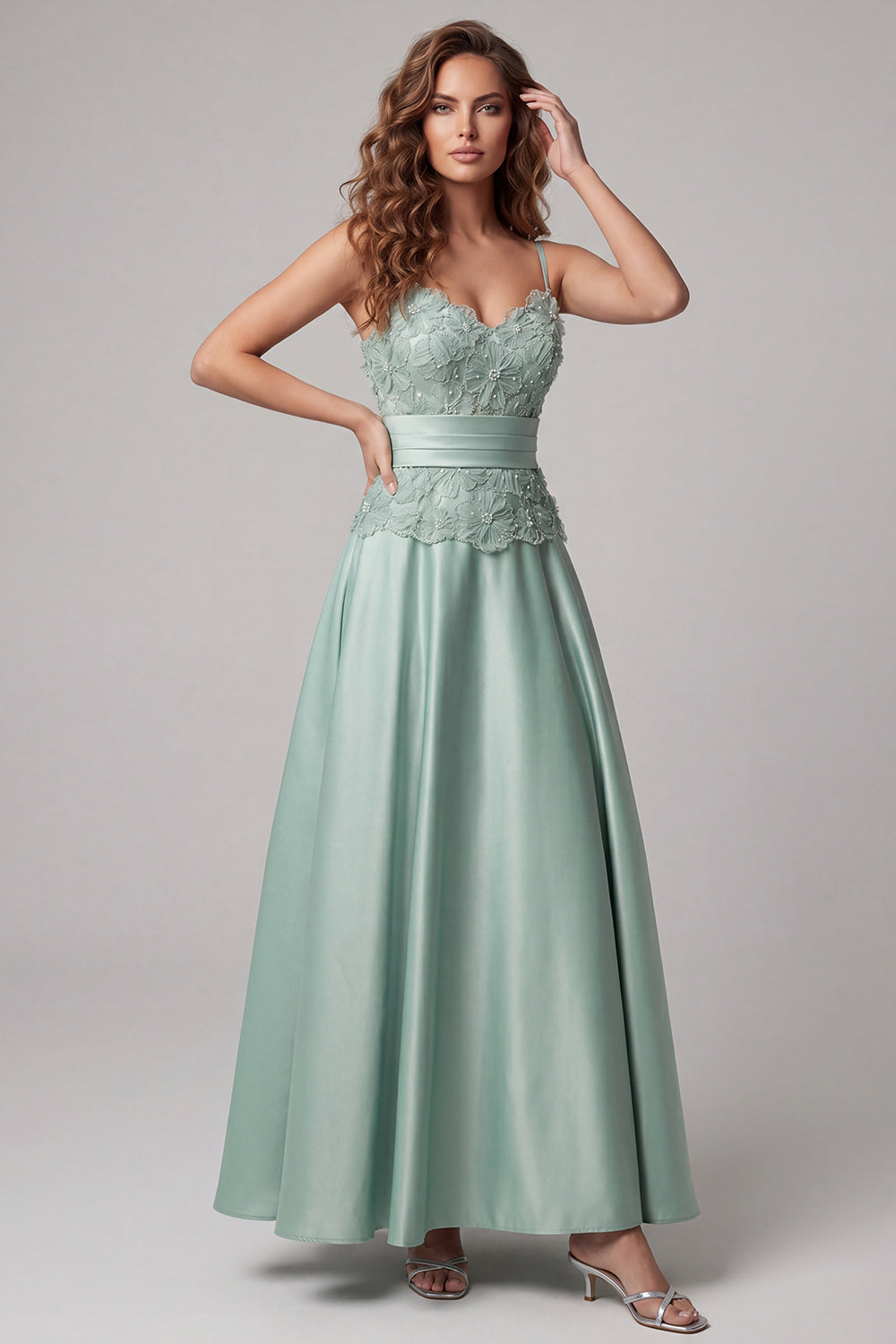 A Line Green Floral Appliqued Spaghetti Straps Long Formal Dress