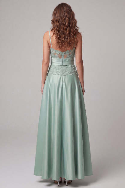 A Line Green Floral Appliqued Spaghetti Straps Long Formal Dress