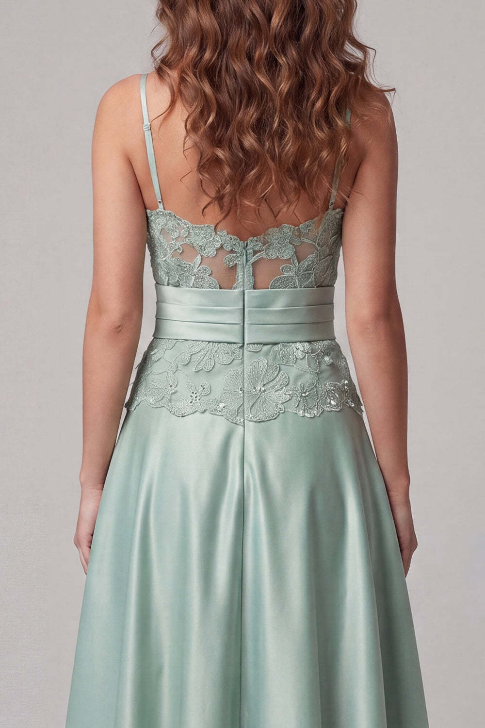 A Line Green Floral Appliqued Spaghetti Straps Long Formal Dress