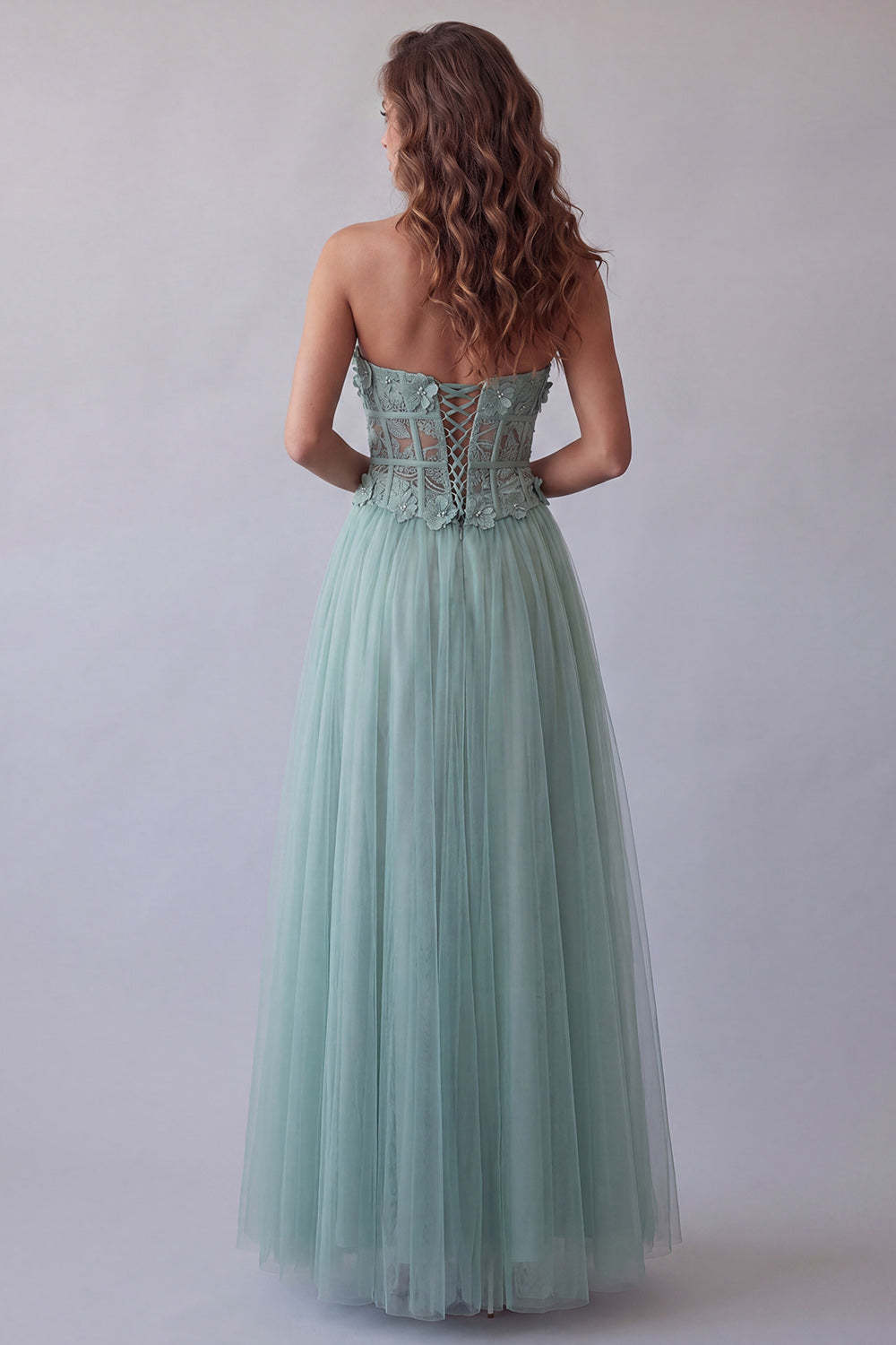 Green Corset Floral A Line Long Formal Dress