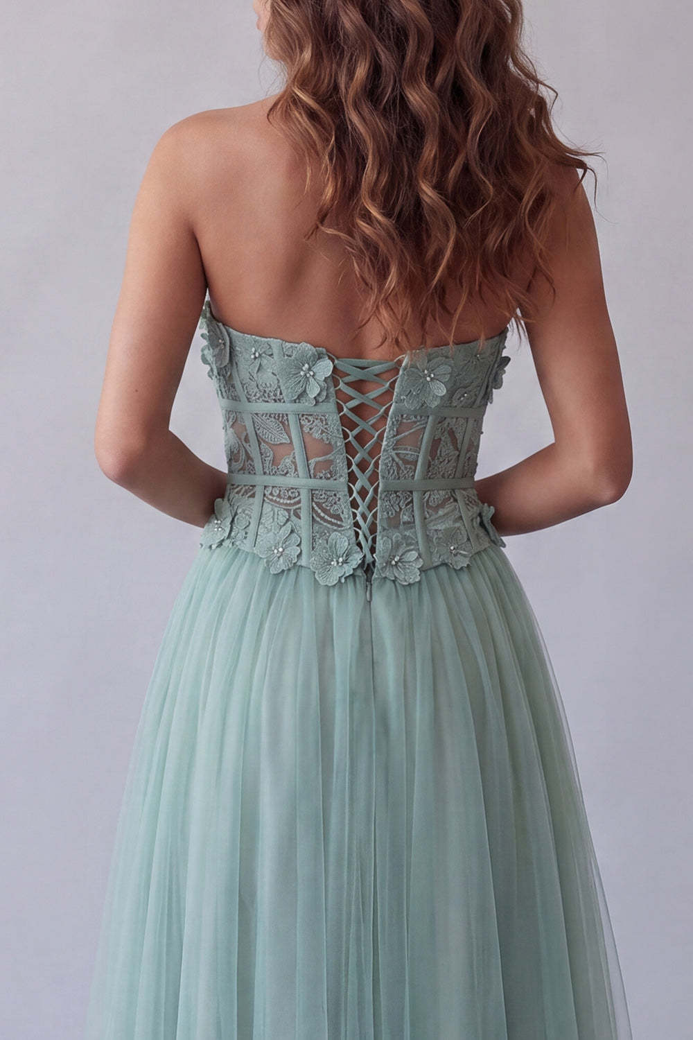 Green Corset Floral A Line Long Formal Dress