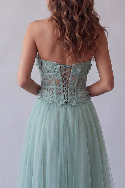 Green Corset Floral A Line Long Formal Dress