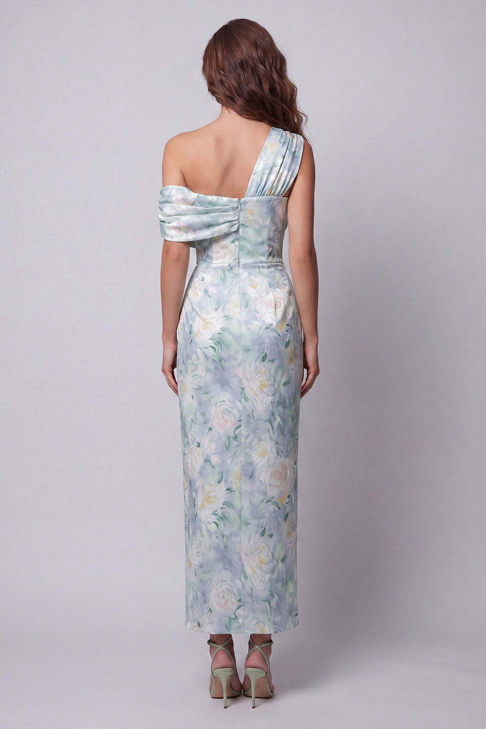 Light Green Floral Sheath One Shoulder Long Formal Dress