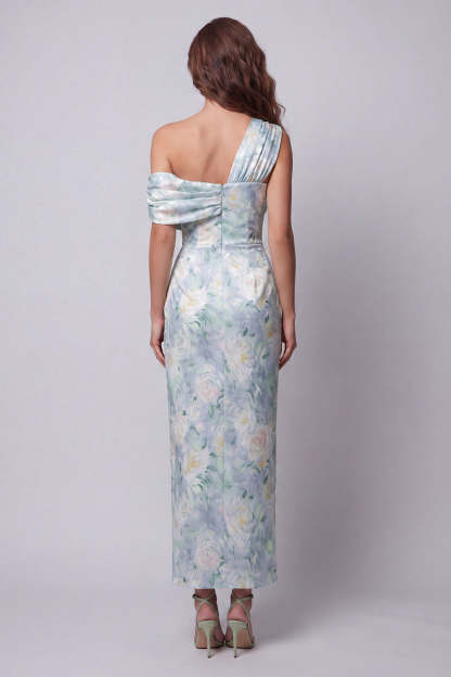 Light Green Floral Sheath One Shoulder Long Formal Dress