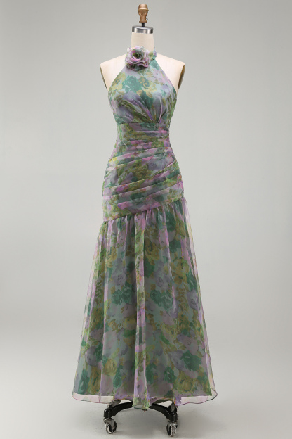 Dusty Sage Floral A Line Halter Neck Long Wedding Guest Dress