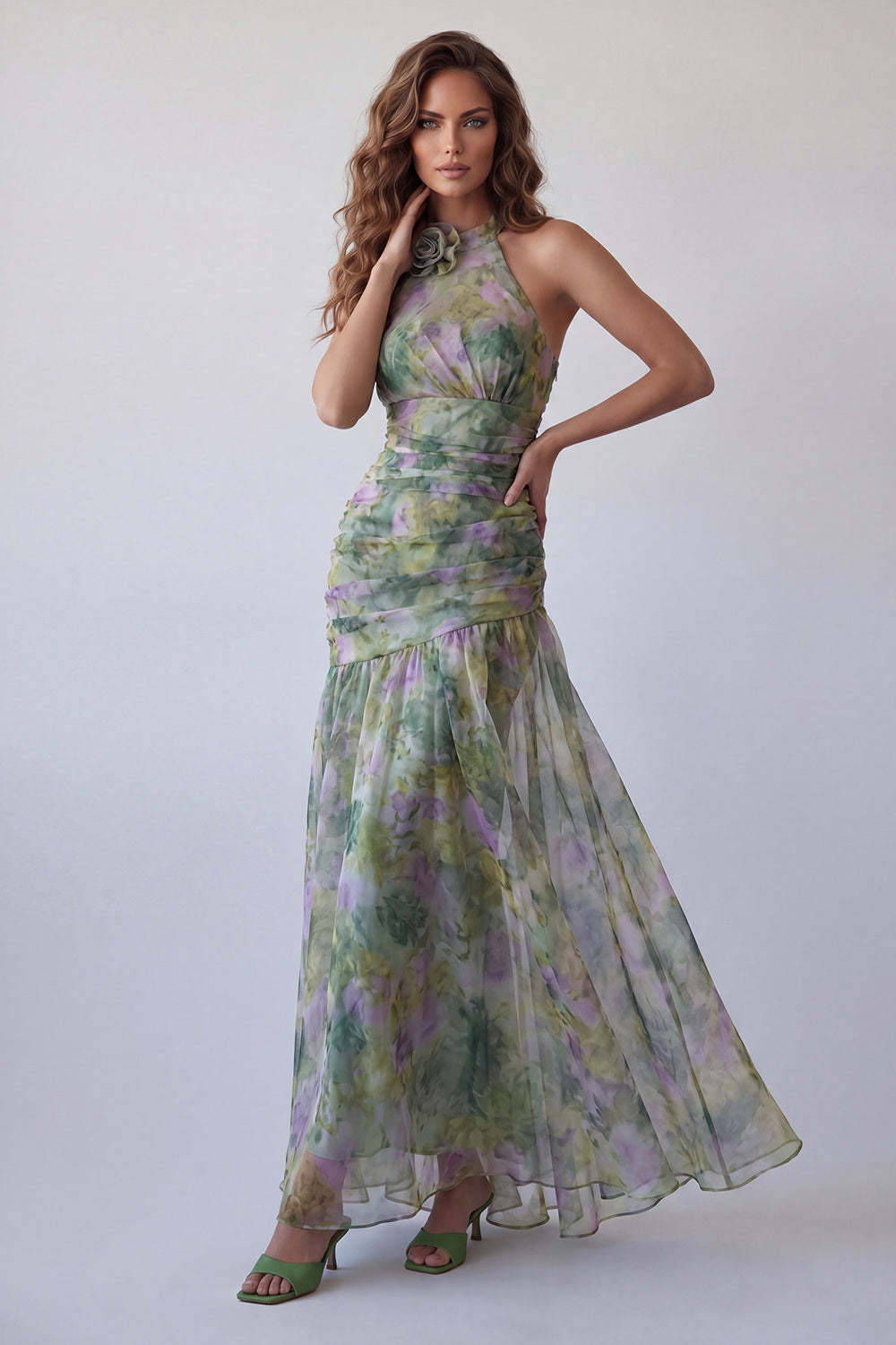 Leely Women Dusty Sage Floral A Line Long Wedding Guest Dress Backless Halter Neck Garden Party Dress