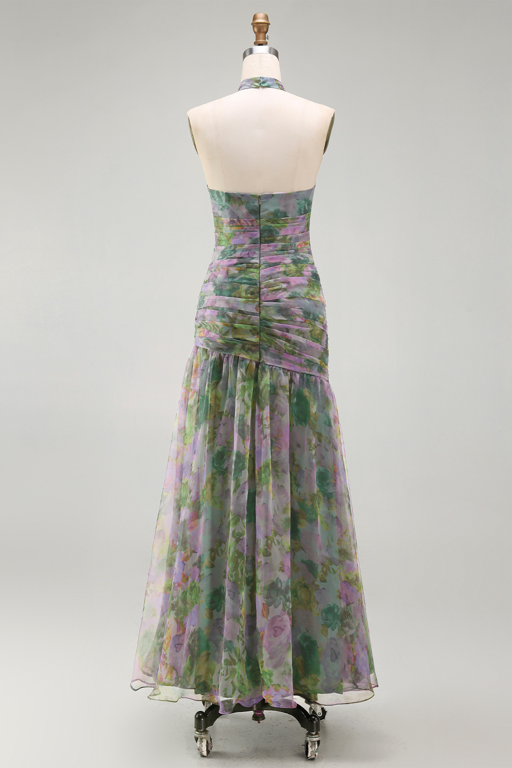 Dusty Sage Floral A Line Halter Neck Long Wedding Guest Dress
