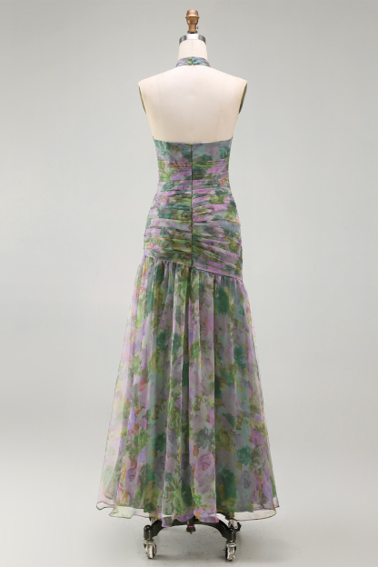 Dusty Sage Floral A Line Halter Neck Long Wedding Guest Dress