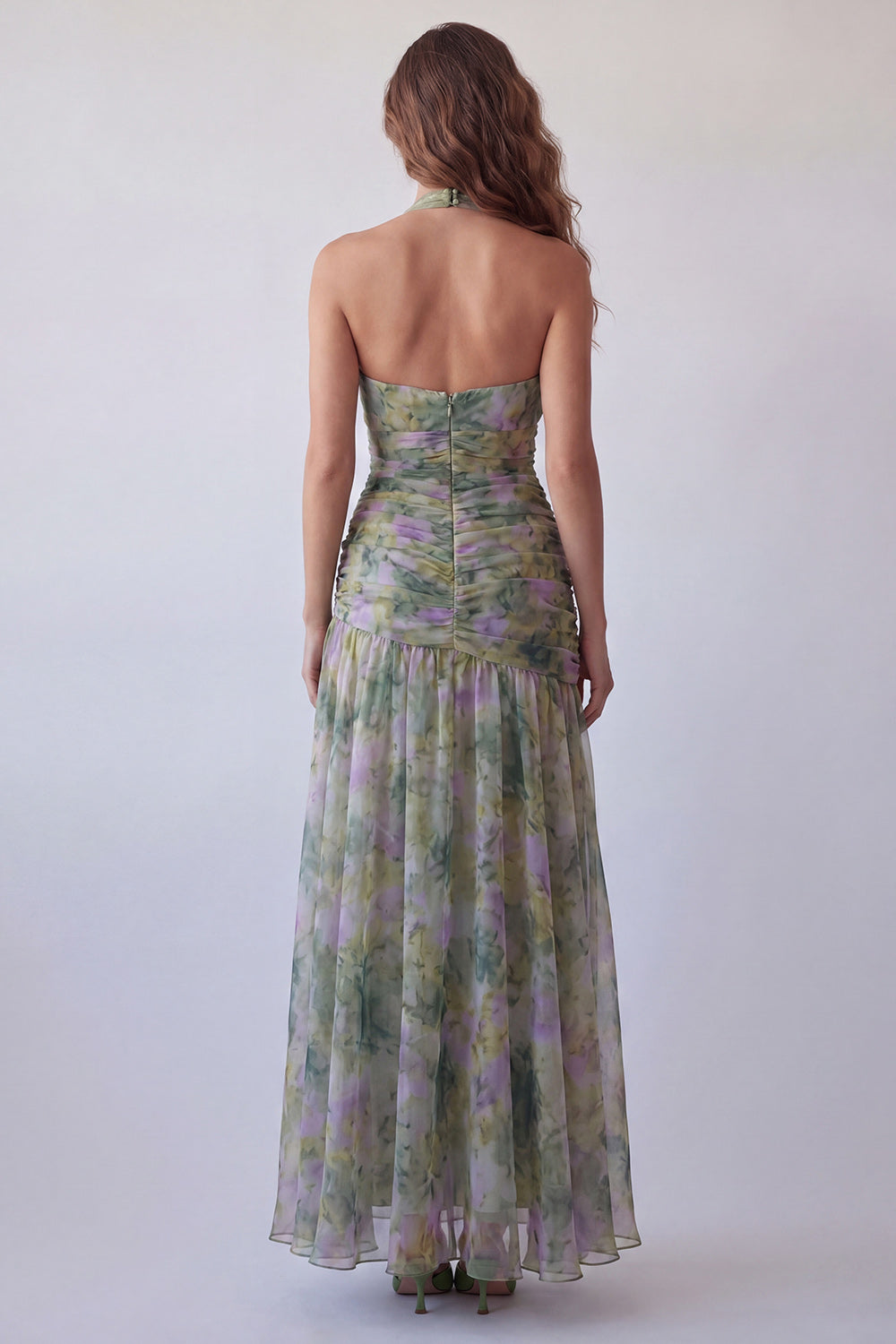 Dusty Sage Floral A Line Halter Neck Long Wedding Guest Dress