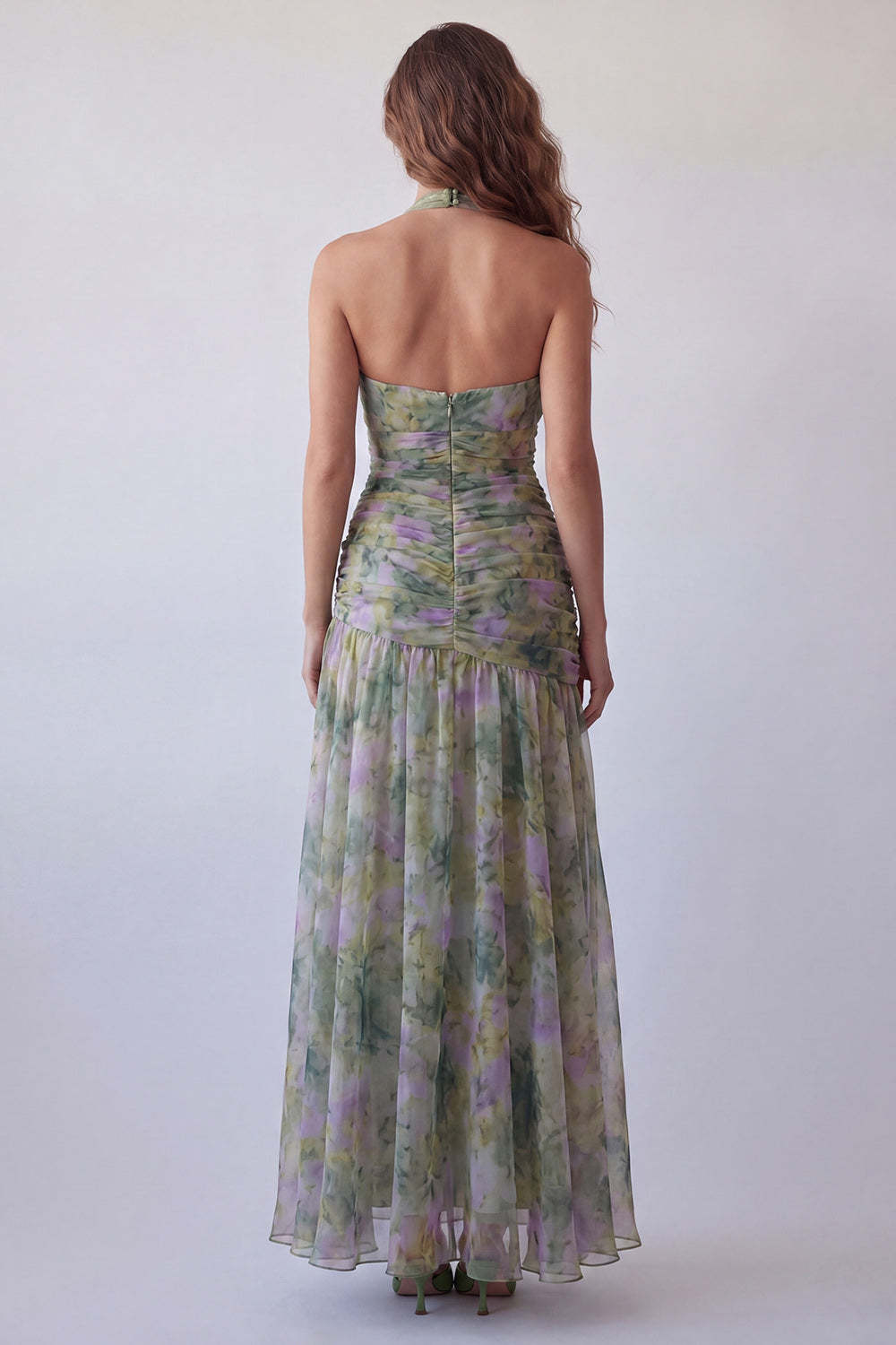 Dusty Sage Floral A Line Halter Neck Long Wedding Guest Dress