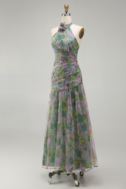 Dusty Sage Floral A Line Halter Neck Long Wedding Guest Dress