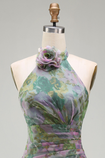 Dusty Sage Floral A Line Halter Neck Long Wedding Guest Dress