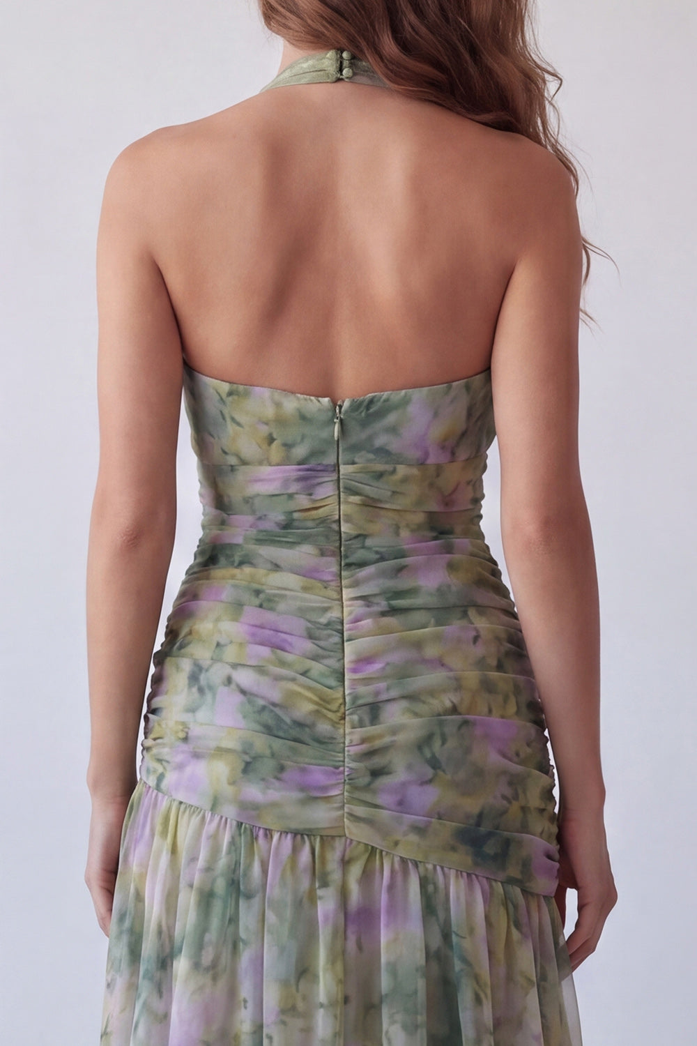 Dusty Sage Floral A Line Halter Neck Long Wedding Guest Dress