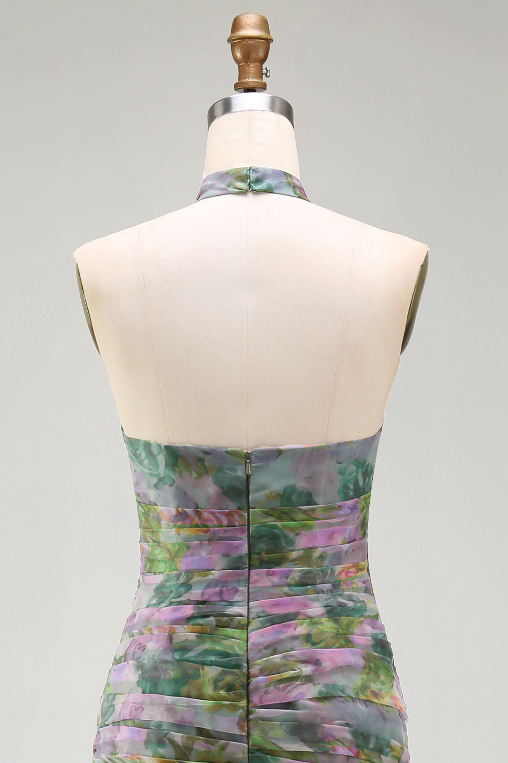 Dusty Sage Floral A Line Halter Neck Long Wedding Guest Dress