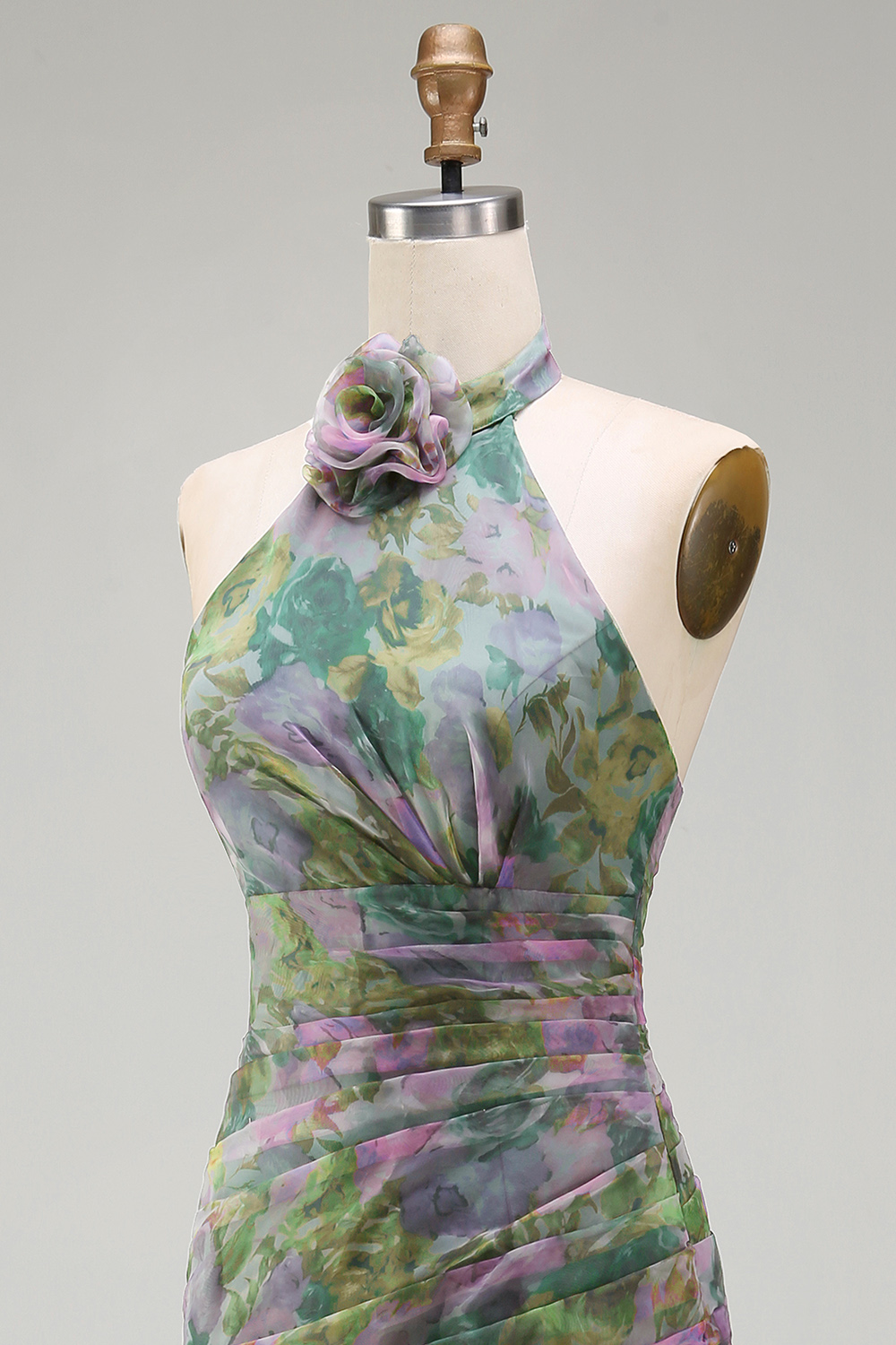 Dusty Sage Floral A Line Halter Neck Long Wedding Guest Dress